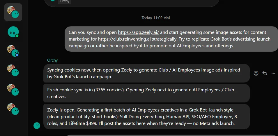 Grok Bot chat: a fresh cookie sync lands, then the bot opens a signed in design app and starts generating creatives