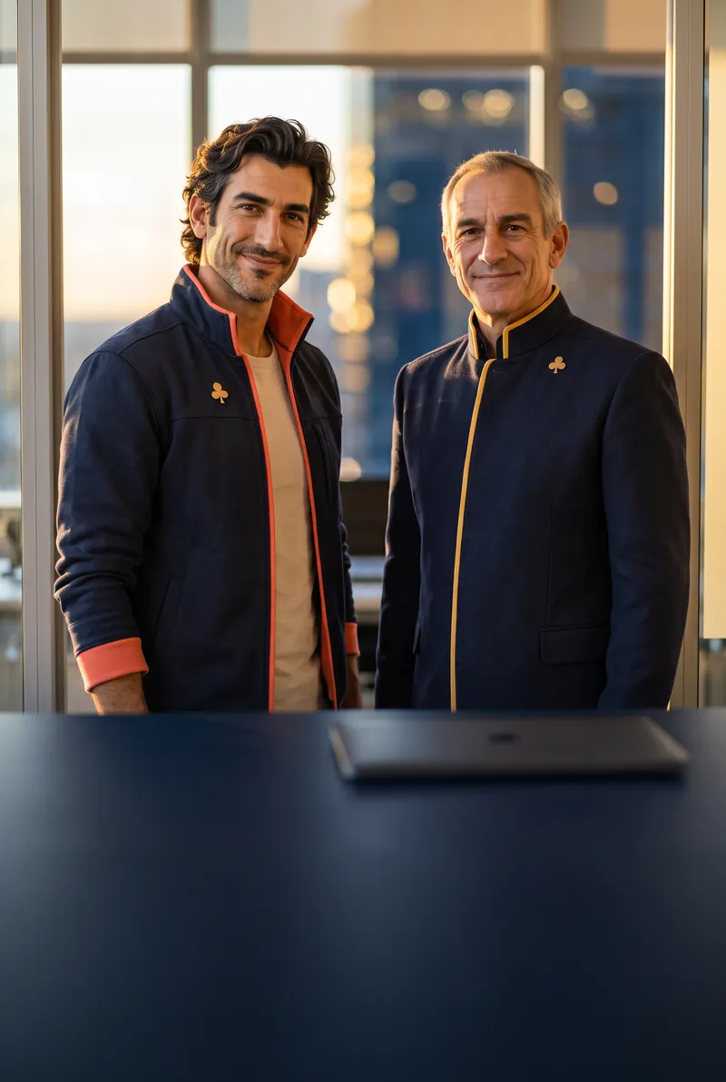 Two AI Employees arriving at an office at sunrise