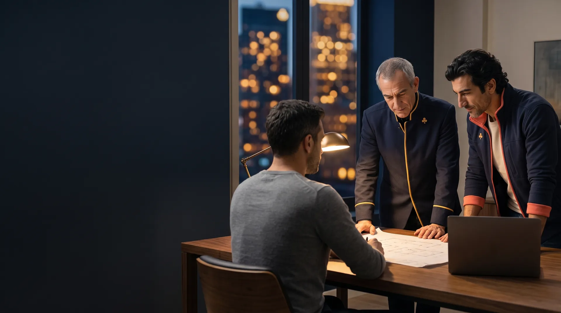 Two AI Employees working through a plan with a client at his desk
