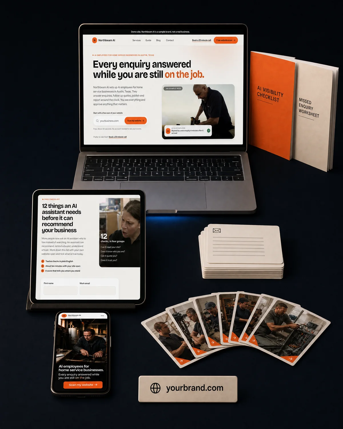 The Get Your First Client kit: a branded website, lead magnets, ads, emails and a domain plate