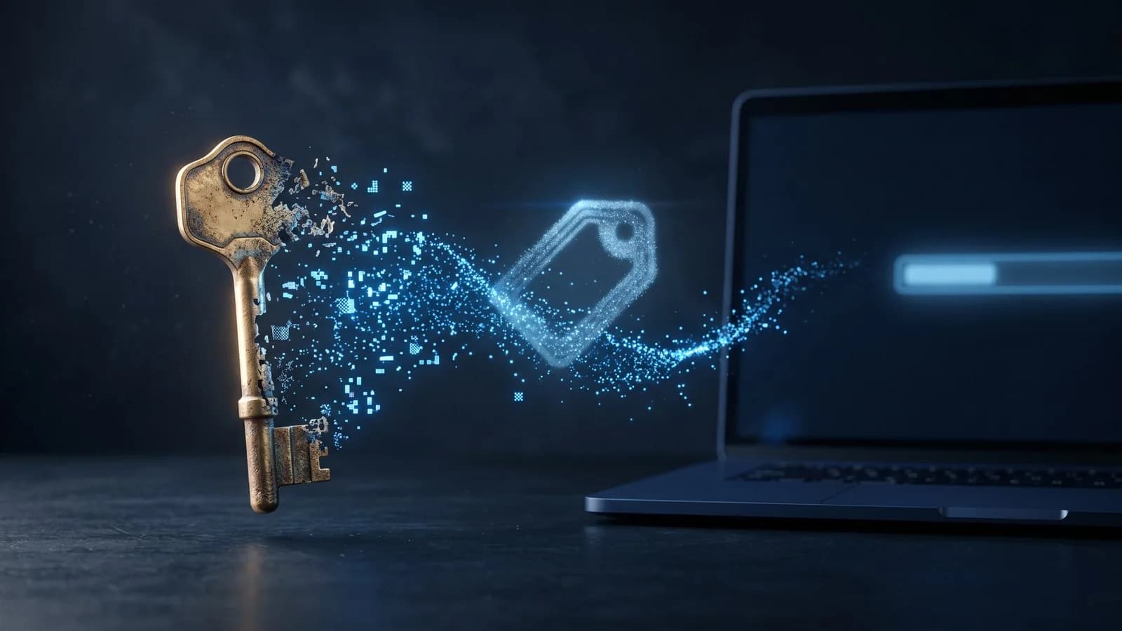 A brass key dissolving into a stream of blue characters that form a tag, drifting toward a laptop