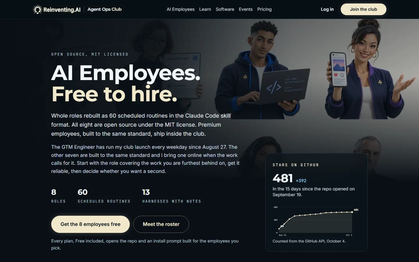 AI Employees page on Agent Ops Club, the Paperclip alternative with eight open source roles