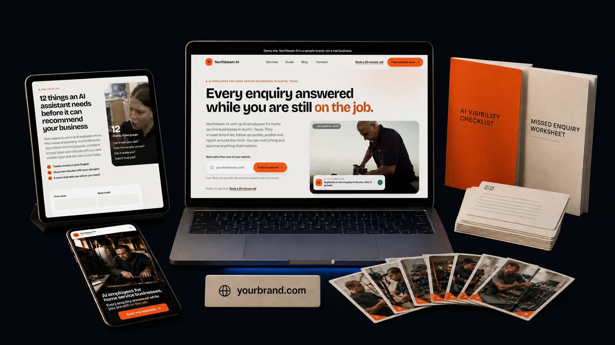 The kit: a branded website on a laptop, a lead magnet page on a tablet, an ad on a phone, six ad cards, email cards, two printed lead magnets and a domain name plate
